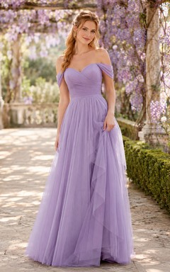 Lavender Romantic Garden A-Line Chiffon Tulle Bridesmaid Dress with Sleeveless Strapless Sweetheart Bodice, Pleated Floor-Length Skirt and Zipper Back