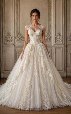 Lace Cap Sleeve Ball Gown Vintage Wedding Dress