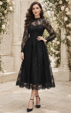 Vestido midi negro de manga larga con encaje ilusión y cuello alto para invitadas