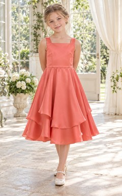 Square Neck Tea-length Coral Sleeveless Layered Satin A-line Flower Girl Dress