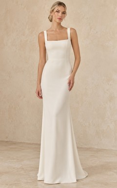 Square Neck Simple Civil Sleeveless Fitted Floor Length Bridal Gown