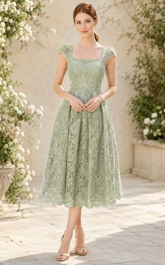 Sage Bateau Lace A-Line Tea-Length Dress