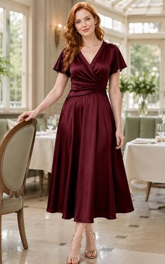 Burgunderfarbenes A-Linien-Midikleid aus Satin mit V-Ausschnitt, flatternden Ärmeln