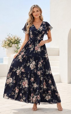 Dark Navy Floral Chiffon V-neck Short Sleeve Tiered Maxi Dress