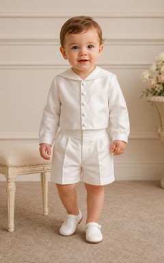 White Sailor Collar Button Front Christening Short Suit Set for Baby Boy