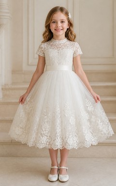 Modest Tea-length Ball Gown High Neck Short Sleeve Lace Flowergirl Dress
