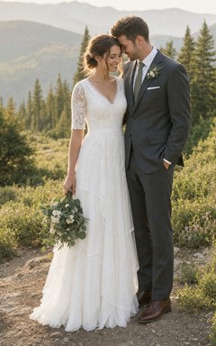 Ländliches, schlichtes Vintage-Hochzeitskleid mit Ärmeln für ältere Bräute in großen Größen