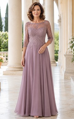 Vestido de maternidad largo hasta el suelo, de gasa con encaje floral, escote corazón ilusión y mangas tres cuartos, color malva.