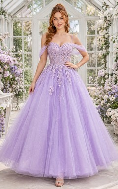 Lavender Lace Tulle Sweetheart Off-the-shoulder Ball Gown Petal Sleeve Floral Princess Dress