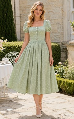 Vintage Sage Square Neck Short Sleeve Buttoned A-Line Tea-Length Garden Dress