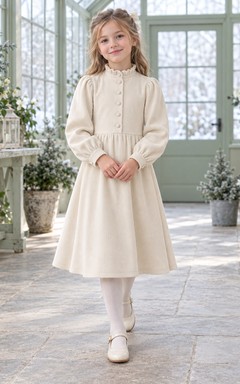 Cremefarbenes Cord-Blumenmädchenkleid mit hohem Kragen, langen Ärmeln und Knöpfen