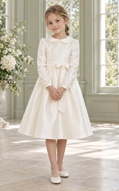 Tea-length Long Sleeve Vintage Ivory A-line Satin Collared Sashed Flower Girl Dress