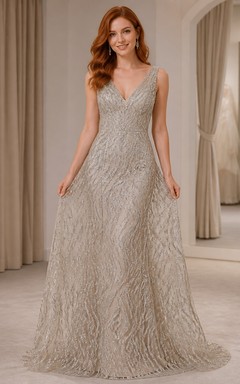 Luxury Silver A-Line V-neck Beaded Lace Floor-length Evening Gown