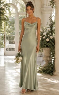 Sage Cowl Neck Satin Sheath Bridesmaid Dress