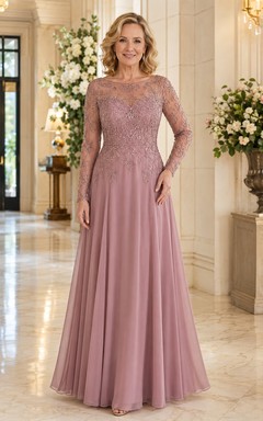 Mauve Lace Bodice Long Sleeve A-Line Mother Dress