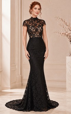 Black High Neck Short Sleeve Lace Mermaid Sweep Train Formal Gown