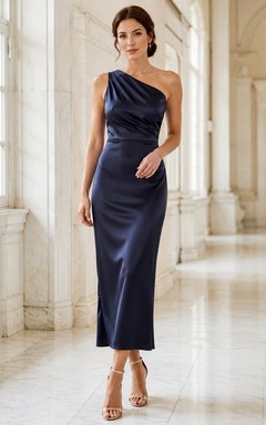 Courthouse Dark Navy One-Shoulder Satin Sheath Tea-Length Draped Dress