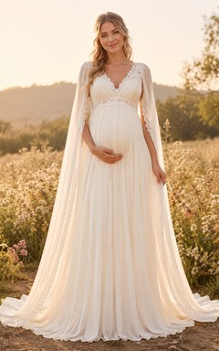 Maternity Wedding Dress V-Neck Lace Bodice Cape A-Line Country Bridal Gown with Train
