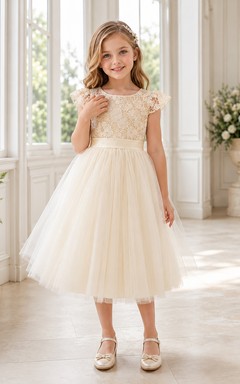 Flower Girl Dress Champagne Lace Tulle A-Line Short Sleeve Jewel Neck Tea Length