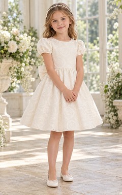 Ivory Jewel Neck Puff Sleeve Jacquard Bow Flower Girl Dress