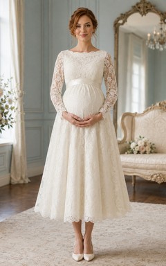 Vestido de novia de corte A, largo midi, manga larga, encaje ilusión y escote joya