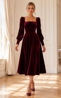 Vestido midi de terciopelo burdeos con escote cuadrado y mangas abullonadas, corte en A, ideal para invitadas.