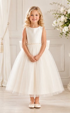 Bow Back Tulle A-Line Flower Girl Dress with Jewel Neck and Tea-Length Skirt