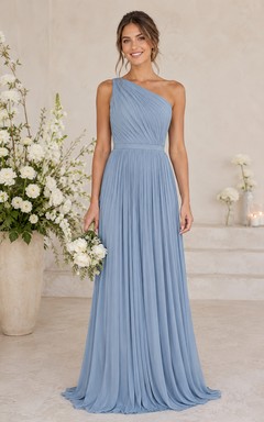 Steel Blue Pleated One-Shoulder Chiffon Bridesmaid Dress