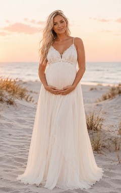 Umstandsbrautkleid, A-Linie, Tüll, Strandkleid mit V-Ausschnitt, Spaghettiträgern und Spitzenbesatz an der Taille
