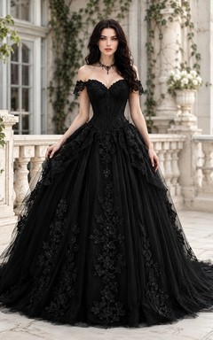 Vestido de novia negro de encaje estilo vintage romántico de manga corta y hombros descubiertos