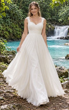 Schlichtes Chiffon-Brautkleid mit V-Ausschnitt, Wickeloberteil und fließendem A-Linien-Rock