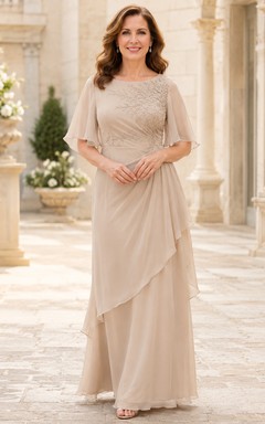 Champagnerfarbenes Chiffon-Kleid in A-Linie mit Spitzenoberteil und Volantärmeln