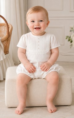 White Pintuck Bib Peter Collar Short Sleeve Infant Romper for Baby Boy