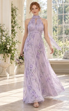 Lilac Floral Print High-Neck Scarf Draped Floor-Length Chiffon Bridesmaid Dress