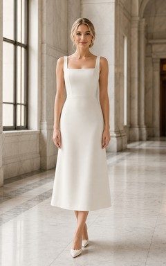 Square Neck Tea-Length Sheath Wedding Dress with Button Back