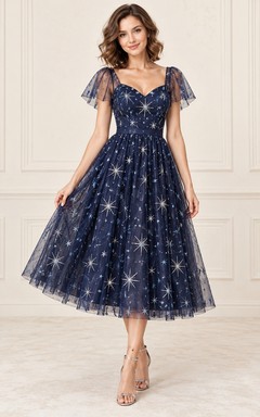 Dark Navy Sweetheart Star Embroidered Flutter Sleeve Cocktail Dress
