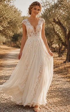 Boho V Neck Cap Sleeve Floral Lace Chiffon A-Line Sweep Wedding Gown