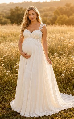 Maternity Wedding Dress Spaghetti Strap Lace Bodice A-Line Country Bridal Gown with Train
