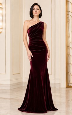 Burgundy Velvet One-Shoulder Sleeveless Mermaid Floor-length Formal Dress