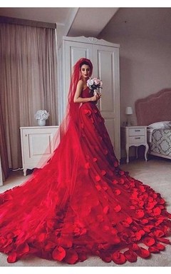 Newest Red Tulle Princess Wedding Dress Flowers Court Train