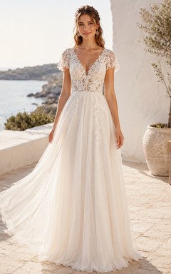 Bohemian Lace Tulle Intimate Wedding A Line V Neck Cap Sleeves Train