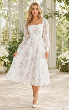 Robe de jardin blanche à fleurs en mousseline de soie, col carré, coupe trapèze, manches longues, longueur thé