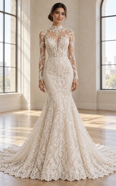 Modest Mermaid High Neck Long Sleeve Lace Train Wedding Dress