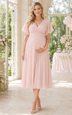 Vestido de maternidad de gasa plisada con escote en V, mangas tipo pétalo, corte imperio y largo hasta la rodilla, color rosa empolvado.