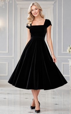 Schwarzes Samtkleid in A-Linie mit schulterfreiem Ausschnitt und kurzen Ärmeln