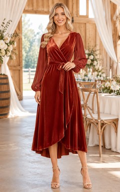 Orangefarbenes, langärmeliges Samt-Wickelkleid mit V-Ausschnitt und asymmetrischem Saum – perfekt als Gastkleid für eine Scheunenhochzeit.