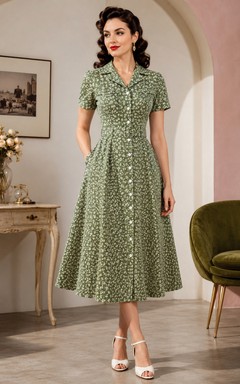 Chiffon Vintage Cocktail Dress in Sage, Square A-Line Tea-Length Gown with Floral Print and Button