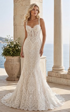 Meerjungfrauen-Brautkleid mit Spitze und Schleppe, festlich