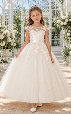 Flower Girl Dress Champagne Lace Tulle Ball Gown Jewel Neck Floor Length Sash Detail