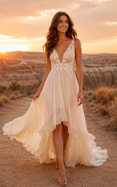 Boho High-low V-neck Chiffon Lace Desert Elopement Dress